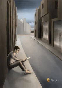 Silent-Art Gemälde 2024-11-07 - Lesend am Rand der stillen Stadt 2 Silent-Art Gemälde 2024-11-07