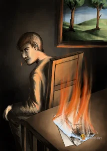 Silent-Art Gemälde 2024-12-03 - Papierfeuer im dunklen Raum 1 Silent-Art Gemälde 2024-12-03