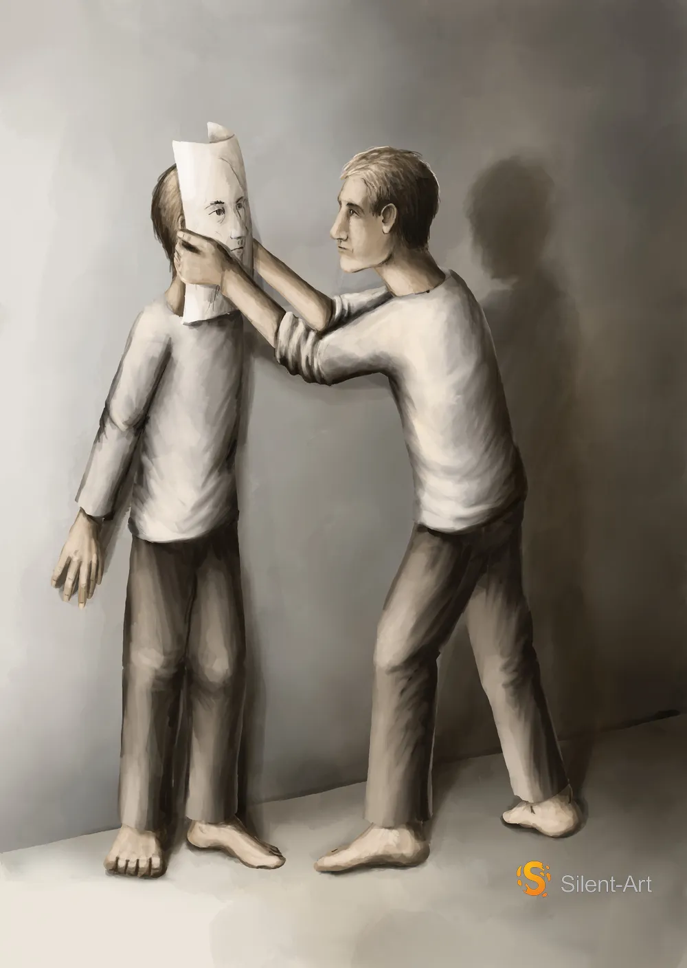 Silent-Art Gem älde 2024-12-09 - Papiergesicht im grauen Raum 1 Silent-Art Gemälde 2024-12-09