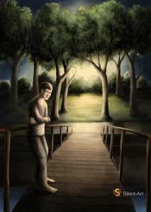 Silent-Art Gemälde 2024-12-13 - Mann auf der hölzernen Brücke 1 Silent-Art Gemälde 2024-12-13