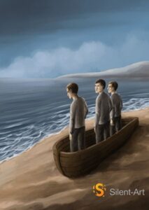 Silent-Art Gemälde 2025-01-001 - Drei Figuren im Holzboot auf Sand 1 Silent-Art Gemälde 2025-01-001