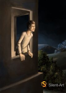 Silent-Art Gemälde 2025-01-002 - Figur im Fenster zur Nacht 1 Silent-Art Gemälde 2025-01-002