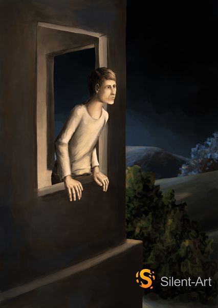Silent-Art Gemälde 2025-01-002 - Figur im Fenster zur Nacht 1 Silent-Art Gemälde 2025-01-002