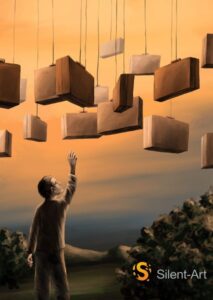 Silent-Art Gemälde 2025-01-004 - Griff nach den schwebenden Koffern 1 Silent-Art Gemälde 2025-01-004