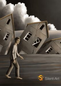 Silent-Art Gemälde 2025-01-006 - Der Gang durch die neigende Stadt 1 Silent-Art Gemälde 2025-01-006