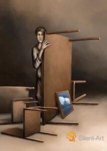 Silent-Art Gemälde 2025-01-008 - Stille Ordnung zwischen gekippten Möbeln 1 Silent-Art Gemälde 2025-01-008