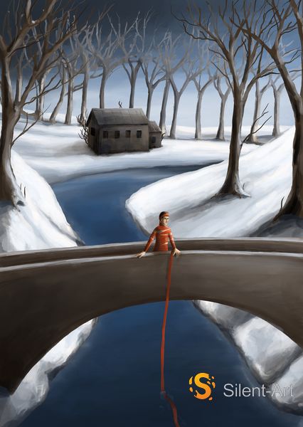 Silent-Art Gemälde 2025-01-014 - Der rote Faden über der Brücke im Schnee 1 Silent-Art Gemälde 2025-01-014