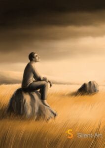 Silent-Art Gemälde 2025-01-015 - Auf dem Stein im goldenen Grasfeld 1 Silent-Art Gemälde 2025-01-015