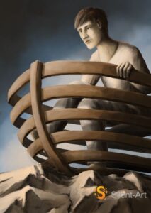 Silent-Art Gemälde 2025-02-001 - Figur zwischen geschwungenen Holzbootbögen 1 Silent-Art Gemälde 2025-02-001