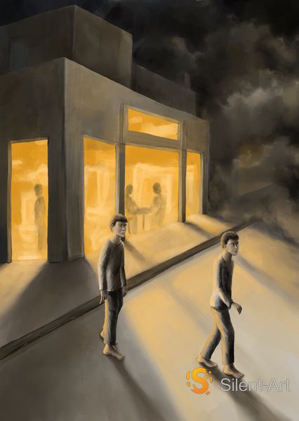 Silent-Art Gemälde 2025-02-003 - Zwei Figuren vor leuchtendem Nachtgebäude 1 Silent-Art Gemälde 2025-02-003