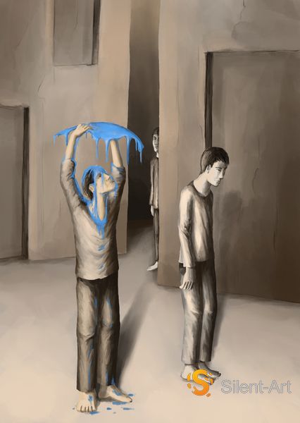 Silent-Art Gemälde 2025-02-004 - Blaue Substanz zwischen hohen Wänden 1 Silent-Art Gemälde 2025-02-004