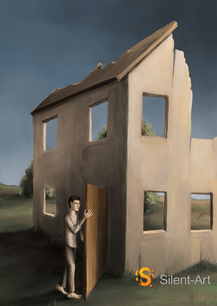 Silent-Art Gemälde 2025-02-005 - Der Durchgang im hauslosen Raum 1 Silent-Art Gemälde 2025-02-005