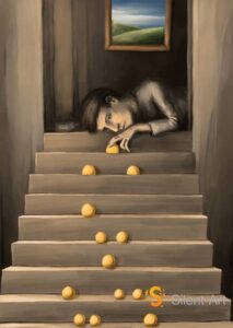 Silent-Art Gemälde 2025-02-009 - Gelbe Sphären auf grauen Steinstufen 1 Silent-Art Gemälde 2025-02-009