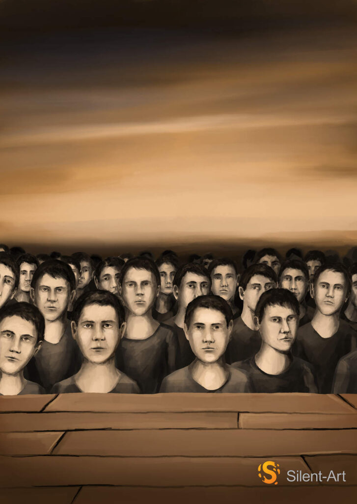 Gesichter unter weitem Himmel: dichte Menschenmenge hinter einer breiten braunen Begrenzung unter dunklen Wolken