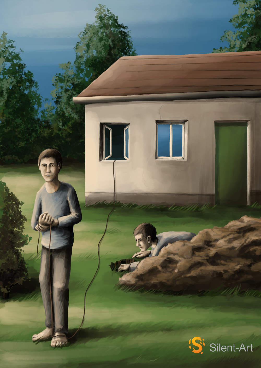 Zwei Männer vor dem Haus - Silent-Art-2025-08-003 1 Zwei Männer vor einem hellen Haus: Einer steht barfuß mit einem Kabel auf dem Rasen, der andere liegt an aufgeworfener Erde und blickt in ein Erdloch.
