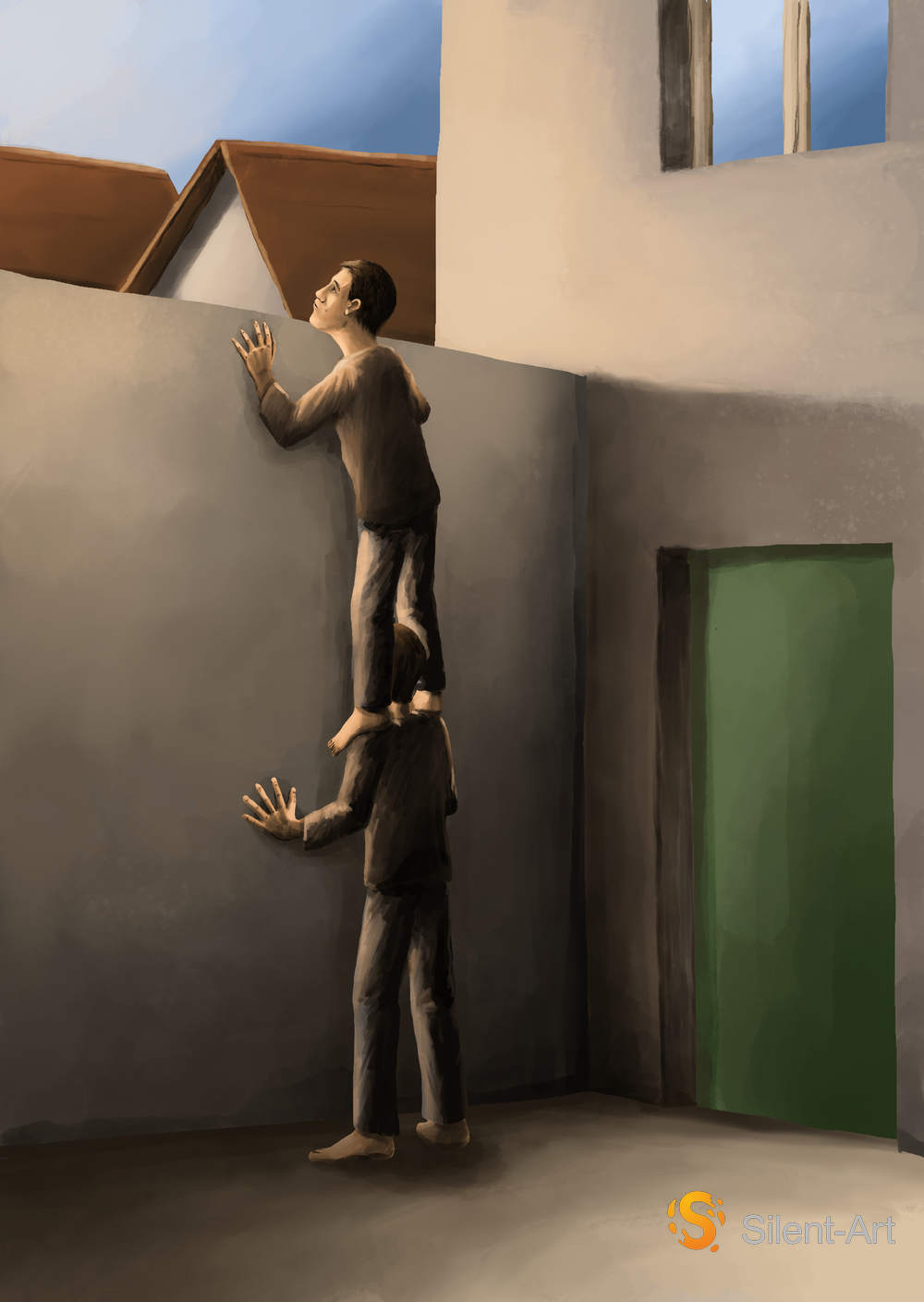 Zwei Männer an der Mauer - Silent-Art-2025-08-006 1 Zwei Männer stehen übereinander an einer hohen grauen Mauer; der obere blickt über die Kante, rechts befindet sich eine grüne Tür.