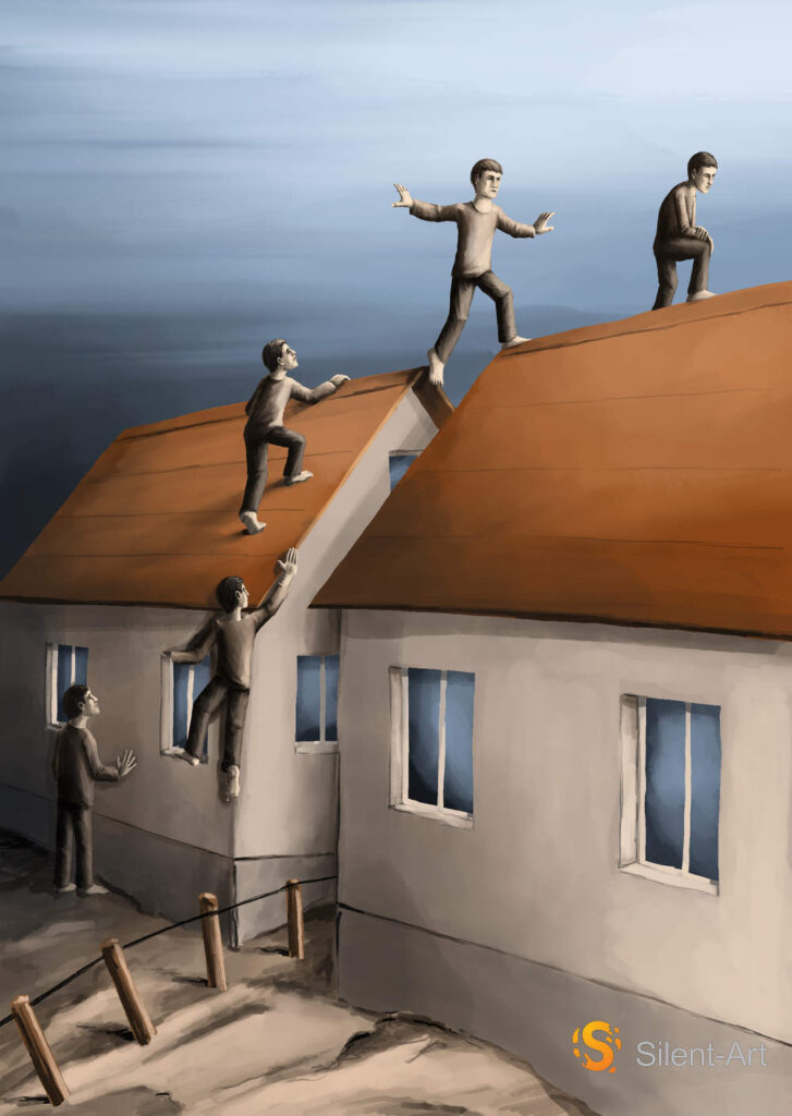 Silent-Art 1 Fünf männliche Figuren steigen an einer grauen Hauswand und über rötliche Dächer; eine balanciert mit ausgebreiteten Armen auf dem First.