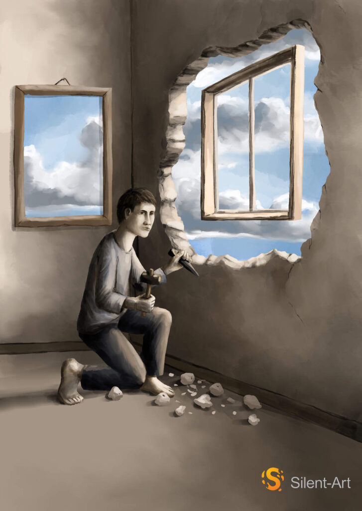 Silent-Art 1 Ein barfüßiger Mann kniet mit Hammer und Meißel vor einer aufgebrochenen Wand; im Fenster und einem Wandbild sind Wolken am blauen Himmel zu sehen.
