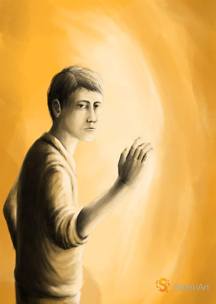 Silent-Art 1 Seitlich stehender Mann mit erhobener Hand vor einem gelb-orangefarbenen Lichtfeld; er blickt über die Schulter nach außen.