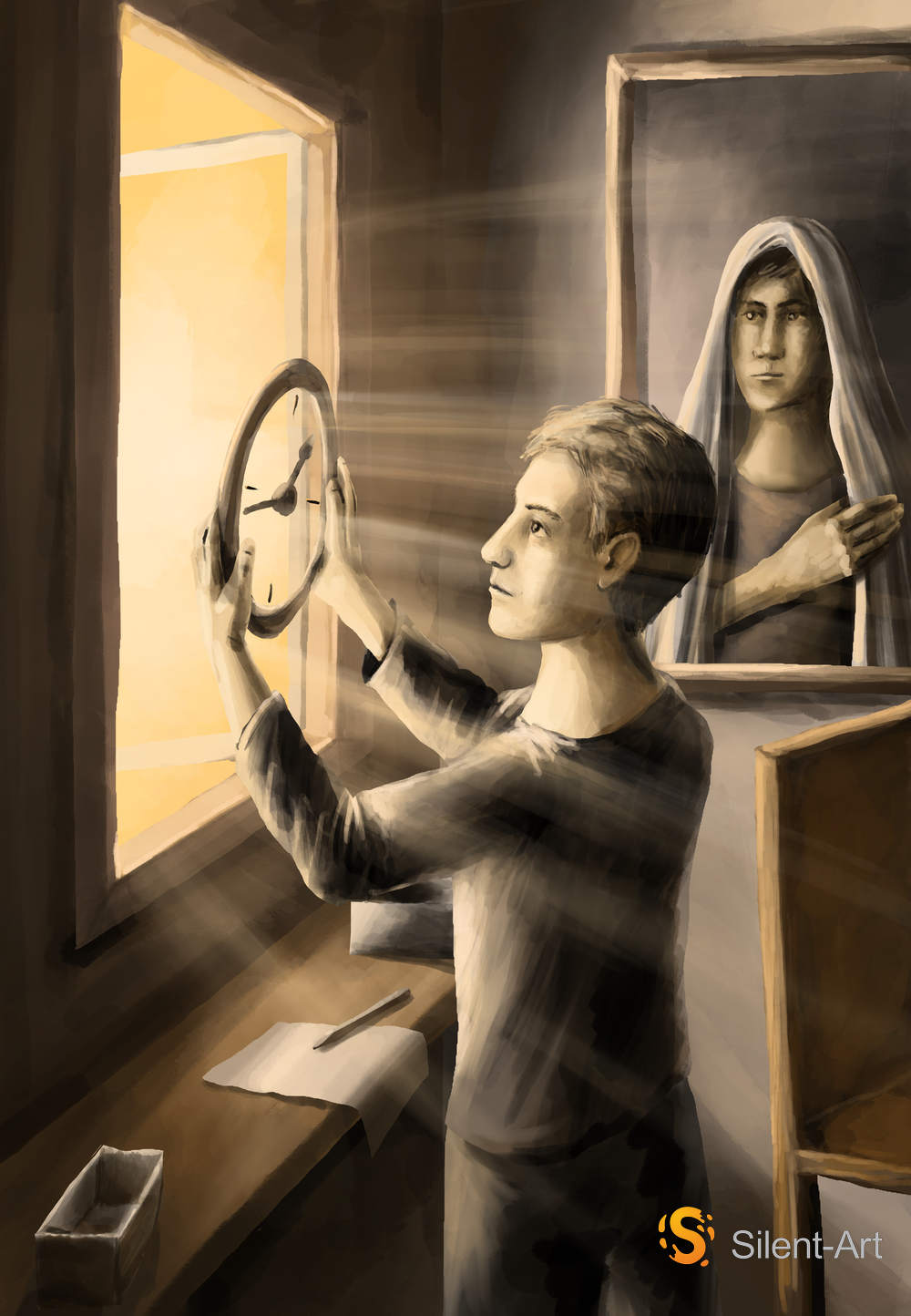 Die Uhr vor dem Licht - Silent-Art-2025-09-001 1 Die Uhr vor dem Licht: Ein Mann hält eine runde Uhr vor ein helles Fenster; rechts hängt das Bild einer verhüllten Figur an der Wand.