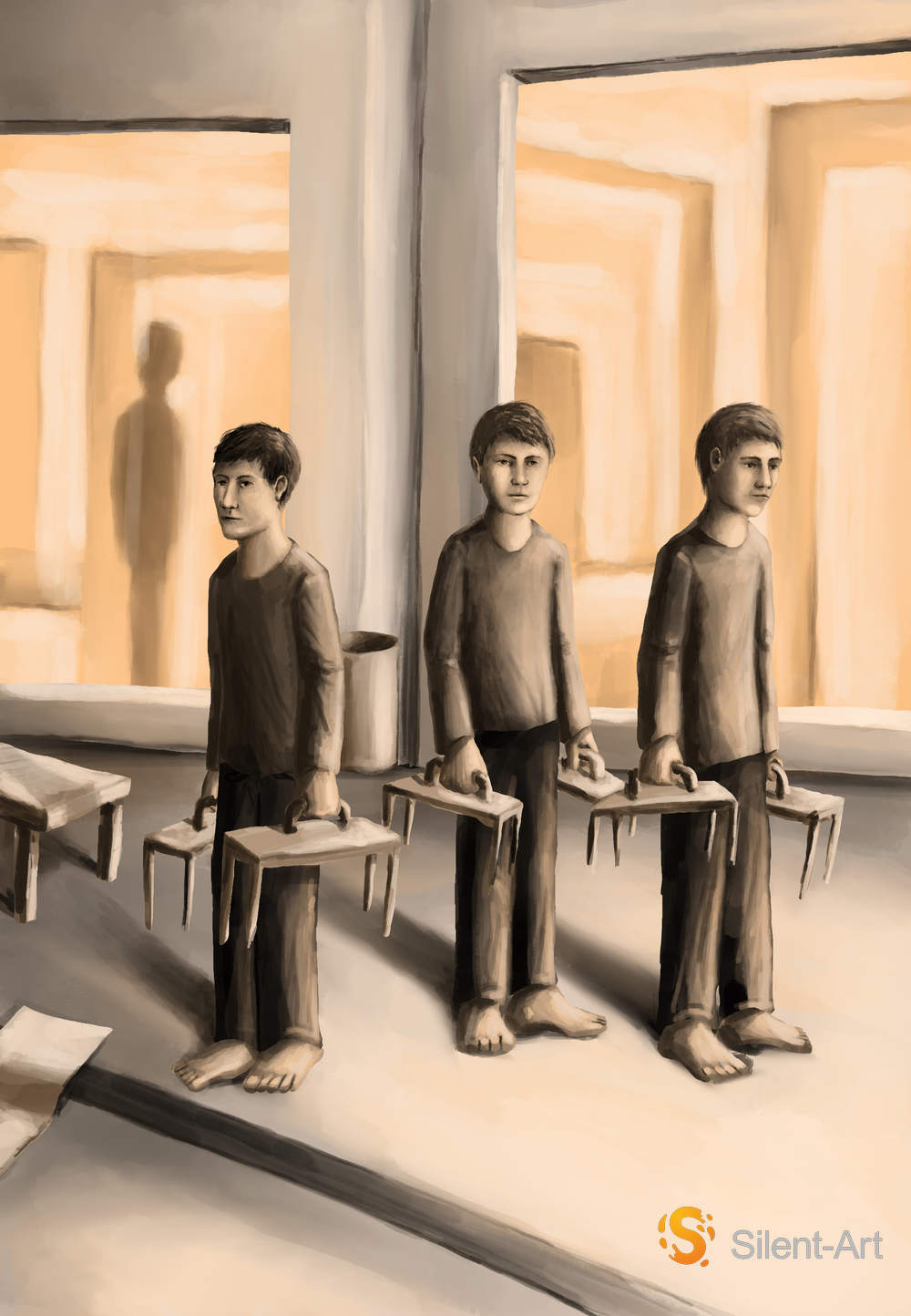 Was vom Gepäck bleibt - Silent-Art-2025-09-002 1 Was vom Gepäck bleibt: Drei barfüßige Figuren stehen nebeneinander und halten beschädigte, kofferartige Gegenstände vor hellen rechteckigen Öffnungen.